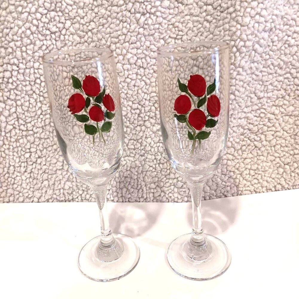 8" Hand Painted Wine Glasses – Roses – Romantic Set of 2 - Picture 7 of 8